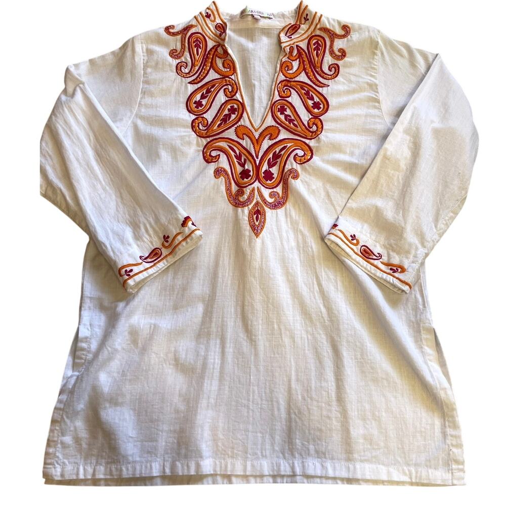 Barbara Gerwit Boho Beach White Long Sleeve Tunic Bright Pink Embroidery Medium